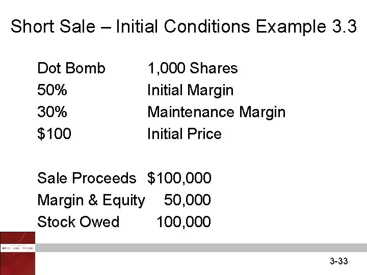 Short Sale – Initial Conditions Example 3. 3 Dot Bomb 50% 30% $100 1,