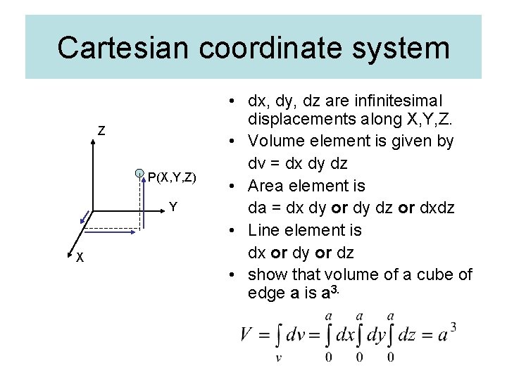 Cartesian coordinate system Z P(X, Y, Z) Y X • dx, dy, dz are