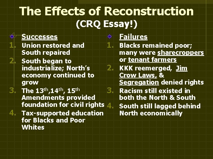 The Effects of Reconstruction (CRQ Essay!) Successes 1. Union restored and Failures 1. Blacks
