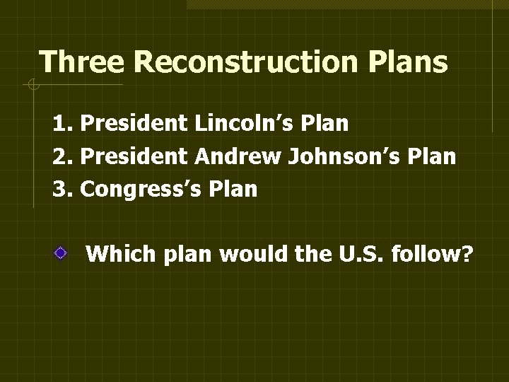 Three Reconstruction Plans 1. President Lincoln’s Plan 2. President Andrew Johnson’s Plan 3. Congress’s