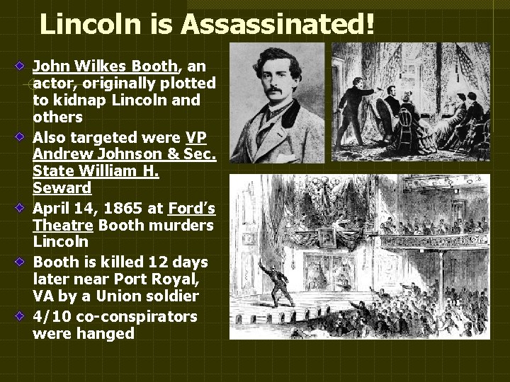 Lincoln is Assassinated! John Wilkes Booth, an actor, originally plotted to kidnap Lincoln and