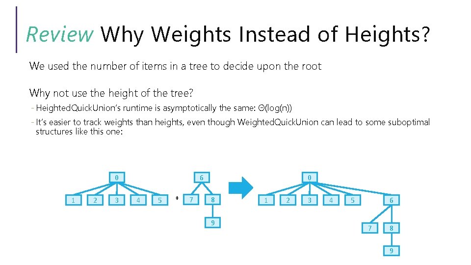 Review Why Weights Instead of Heights? We used the number of items in a