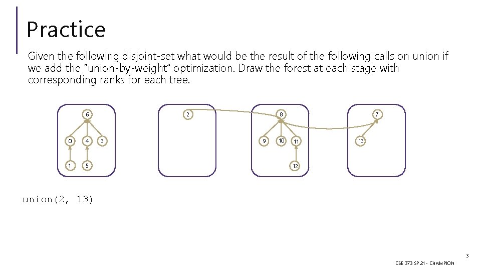 Practice Given the following disjoint-set what would be the result of the following calls