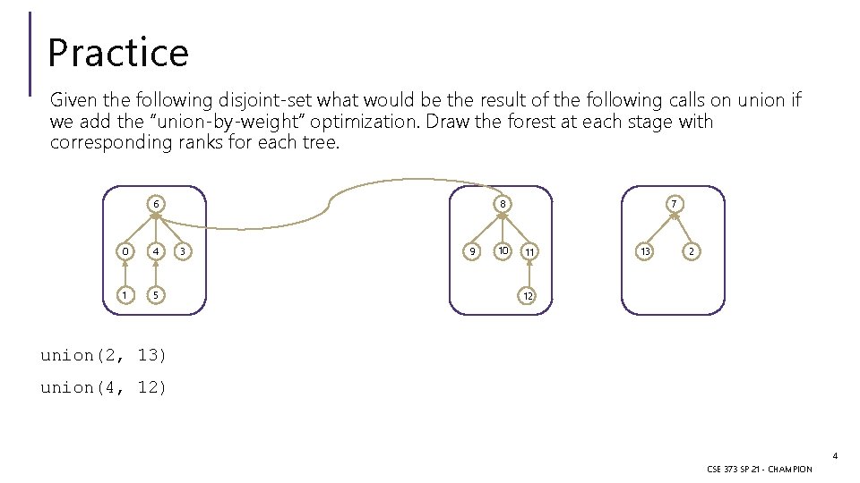 Practice Given the following disjoint-set what would be the result of the following calls