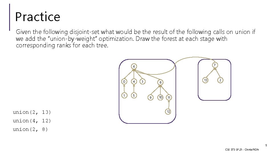 Practice Given the following disjoint-set what would be the result of the following calls