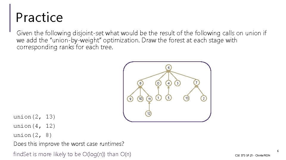 Practice Given the following disjoint-set what would be the result of the following calls