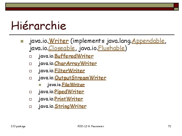 Hiérarchie n java. io. Writer (implements java. lang. Appendable, java. io. Closeable, java. io.