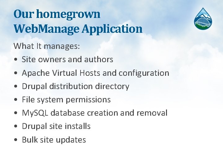 Our homegrown Web. Manage Application What It manages: • Site owners and authors •