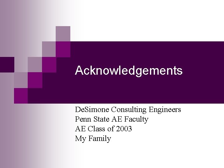 Acknowledgements De. Simone Consulting Engineers Penn State AE Faculty AE Class of 2003 My