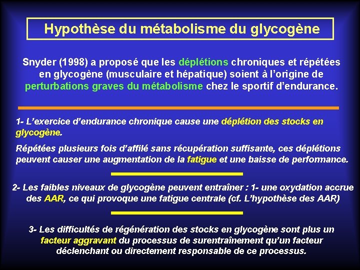 Hypothèse du métabolisme du glycogène Snyder (1998) a proposé que les déplétions chroniques et