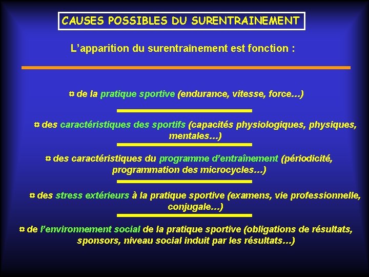 CAUSES POSSIBLES DU SURENTRAINEMENT L’apparition du surentraînement est fonction : ¤ de la pratique