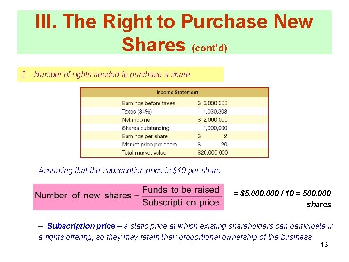 III. The Right to Purchase New Shares (cont’d) 2. Number of rights needed to