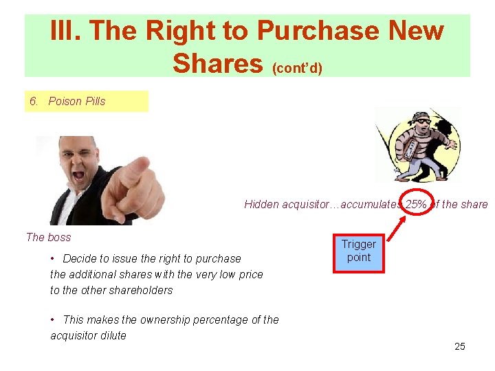 III. The Right to Purchase New Shares (cont’d) 6. Poison Pills Hidden acquisitor…accumulates 25%