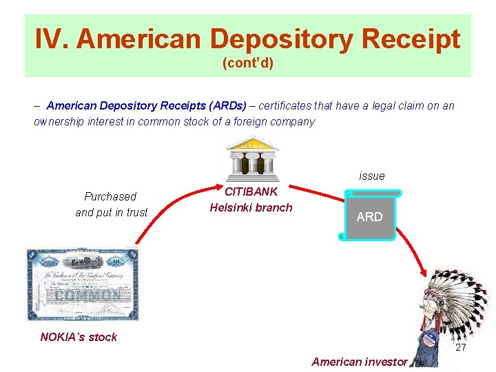 IV. American Depository Receipt (cont’d) – American Depository Receipts (ARDs) – certificates that have