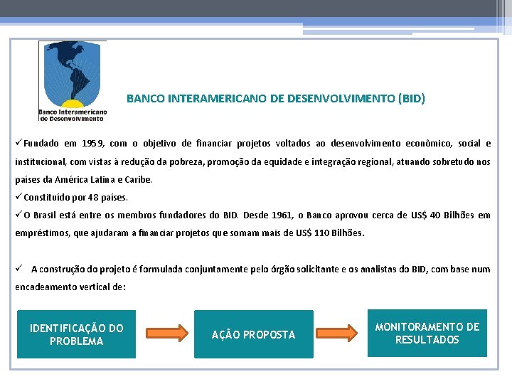 BANCO INTERAMERICANO DE DESENVOLVIMENTO (BID) üFundado em 1959, com o objetivo de financiar projetos