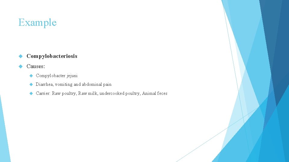 Example Compylobacteriosis Causes: Compylobacter jejuni Diarrhea, vomiting and abdominal pain Carrier: Raw poultry, Raw