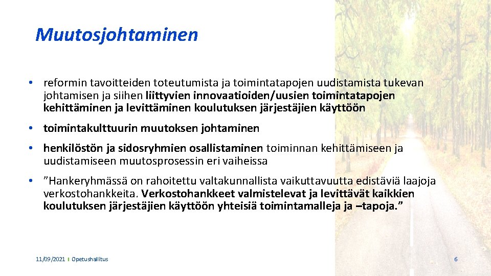 Muutosjohtaminen • reformin tavoitteiden toteutumista ja toimintatapojen uudistamista tukevan johtamisen ja siihen liittyvien innovaatioiden/uusien