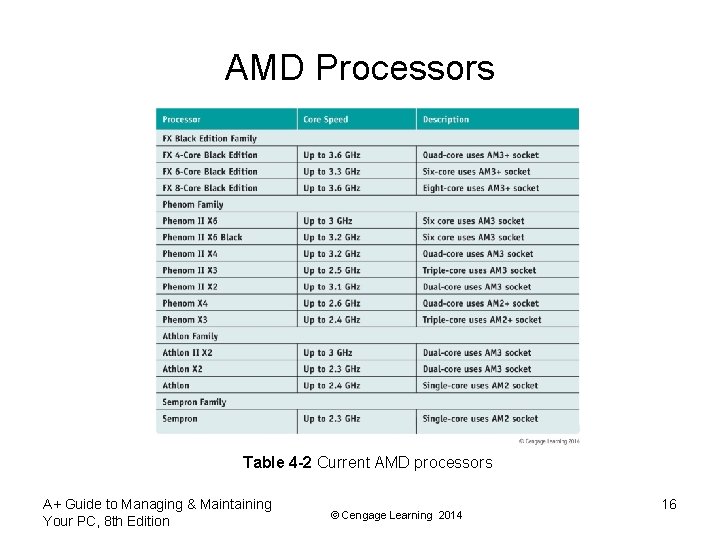AMD Processors Table 4 -2 Current AMD processors A+ Guide to Managing & Maintaining