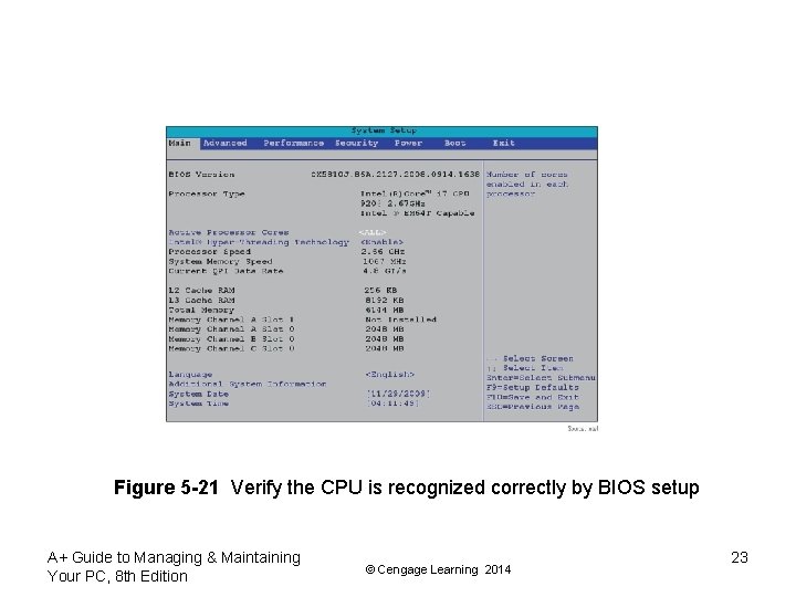 Figure 5 -21 Verify the CPU is recognized correctly by BIOS setup A+ Guide