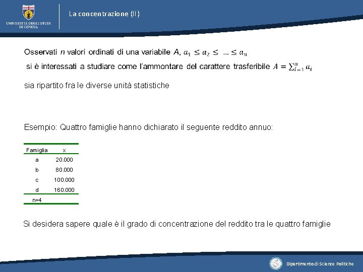 La concentrazione (II) sia ripartito fra le diverse unità statistiche Esempio: Quattro famiglie hanno