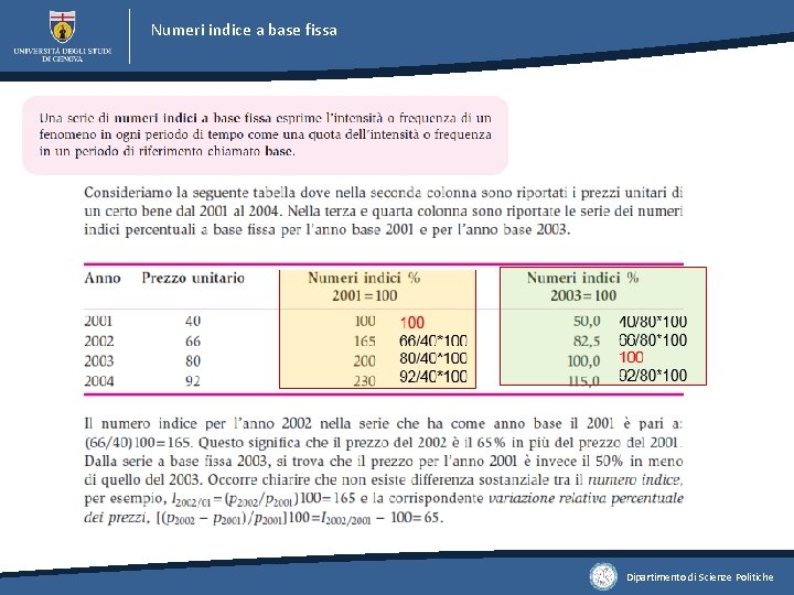 Numeri indice a base fissa Dipartimento di Scienze Politiche 