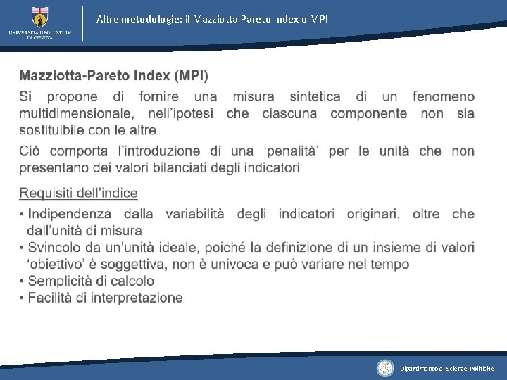 Altre metodologie: il Mazziotta Pareto Index o MPI Dipartimento di Scienze Politiche 