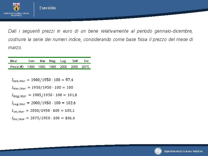 Esercizio Dati i seguenti prezzi in euro di un bene relativamente al periodo gennaio-dicembre,