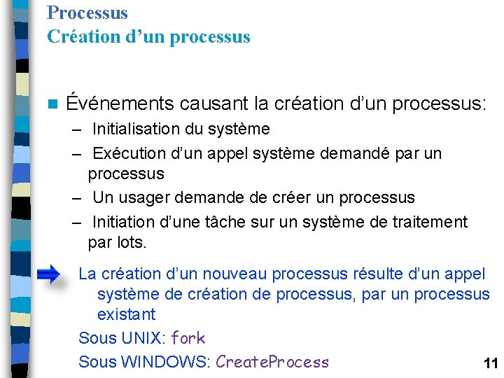 Processus Création d’un processus n Événements causant la création d’un processus: – Initialisation du Processus Création d’un processus n Événements causant la création d’un processus: – Initialisation du