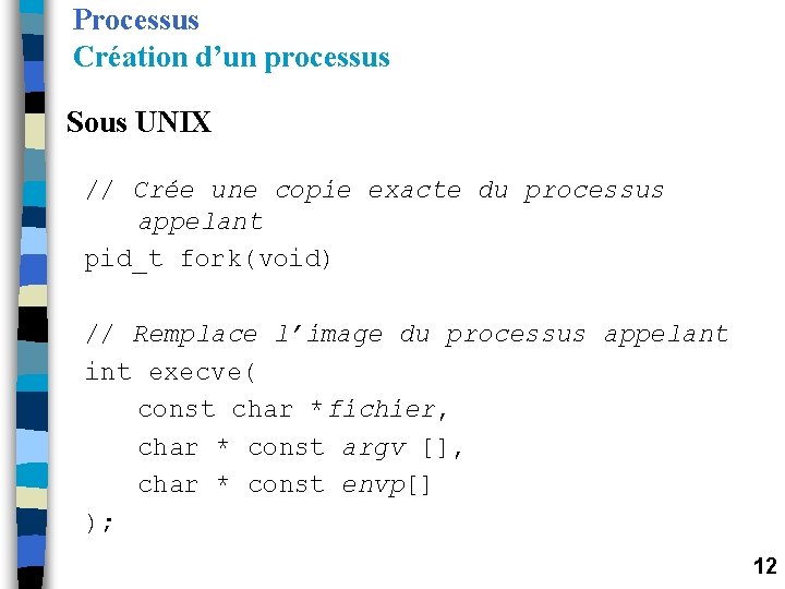 Processus Création d’un processus Sous UNIX // Crée une copie exacte du processus appelant Processus Création d’un processus Sous UNIX // Crée une copie exacte du processus appelant