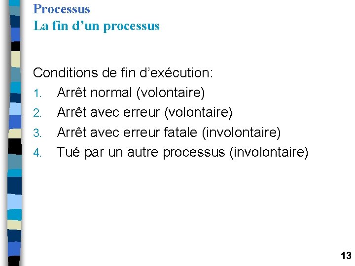Processus La fin d’un processus Conditions de fin d’exécution: 1. Arrêt normal (volontaire) 2. Processus La fin d’un processus Conditions de fin d’exécution: 1. Arrêt normal (volontaire) 2.