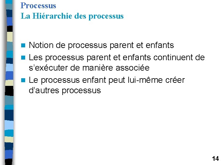 Processus La Hiérarchie des processus Notion de processus parent et enfants n Les processus Processus La Hiérarchie des processus Notion de processus parent et enfants n Les processus