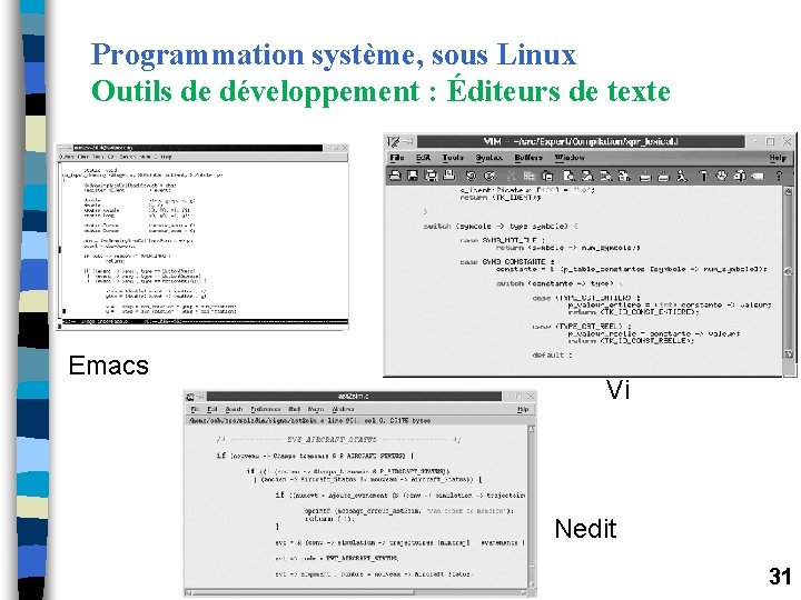 Programmation système, sous Linux Outils de développement : Éditeurs de texte Emacs Vi Nedit Programmation système, sous Linux Outils de développement : Éditeurs de texte Emacs Vi Nedit