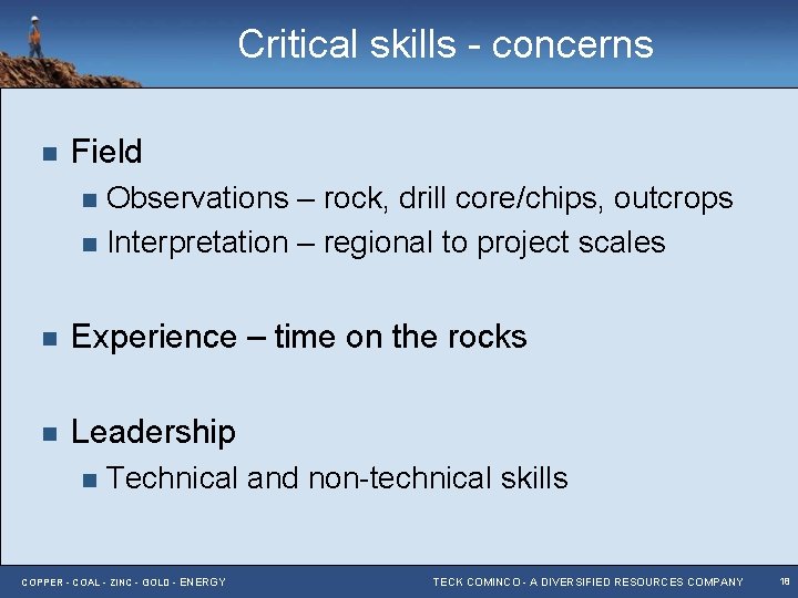 Critical skills - concerns n Field Observations – rock, drill core/chips, outcrops n Interpretation