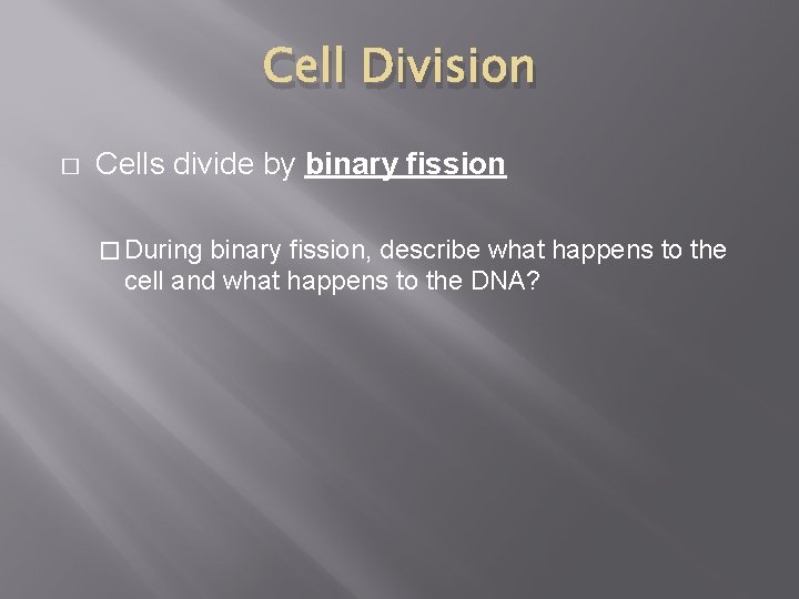 Cell Division � Cells divide by binary fission � During binary fission, describe what