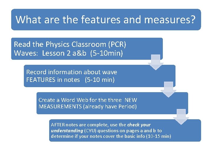 What are the features and measures? Read the Physics Classroom (PCR) Waves: Lesson 2