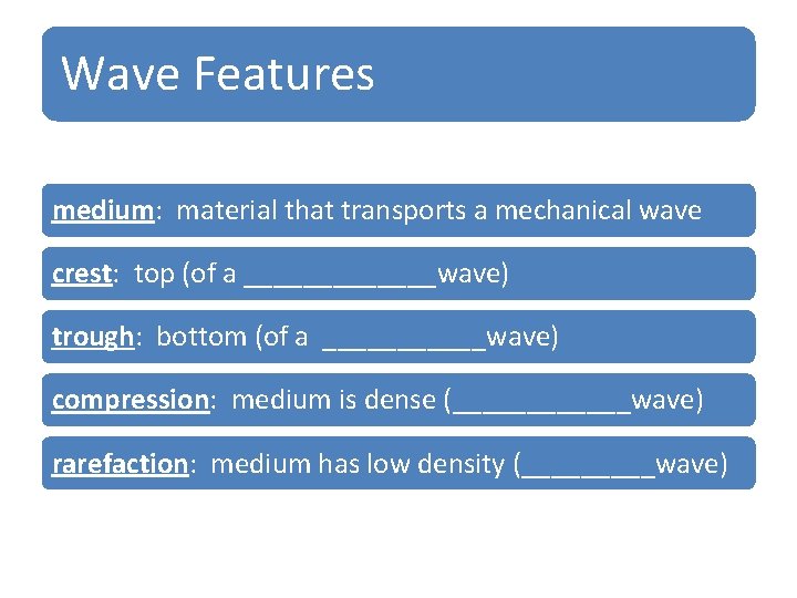 Wave Features medium: material that transports a mechanical wave crest: top (of a _______wave)