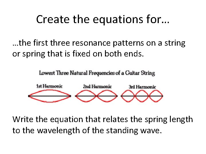 Create the equations for… …the first three resonance patterns on a string or spring