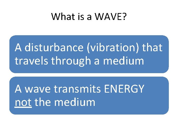 What is a WAVE? A disturbance (vibration) that travels through a medium A wave