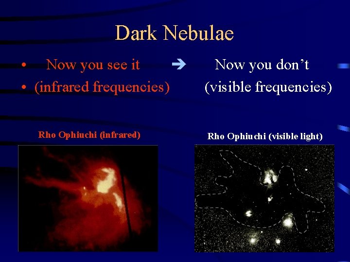 Dark Nebulae • Now you see it • (infrared frequencies) Rho Ophiuchi (infrared) Now