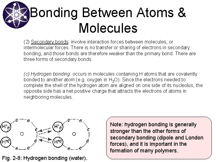 Bonding Between Atoms & Molecules (2) Secondary bonds: involve interaction forces between molecules, or