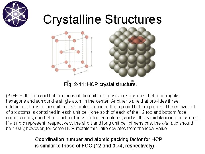Crystalline Structures Fig. 2 -11: HCP crystal structure. (3) HCP: the top and bottom