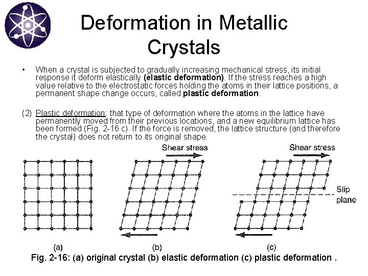 Deformation in Metallic Crystals • When a crystal is subjected to gradually increasing mechanical