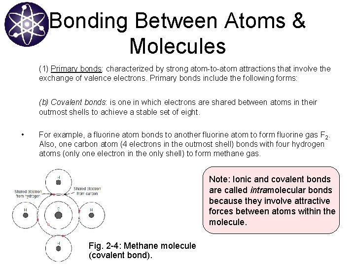 Bonding Between Atoms & Molecules (1) Primary bonds: characterized by strong atom-to-atom attractions that