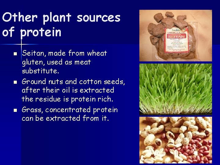 Other plant sources of protein n Seitan, made from wheat gluten, used as meat