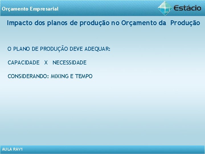 Orçamento Empresarial Impacto dos planos de produção no Orçamento da Produção O PLANO DE