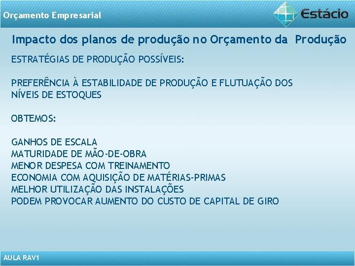 Orçamento Empresarial Impacto dos planos de produção no Orçamento da Produção ESTRATÉGIAS DE PRODUÇÃO