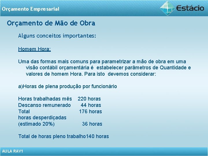 Orçamento Empresarial Orçamento de Mão de Obra Alguns conceitos importantes: Homem Hora: Uma das