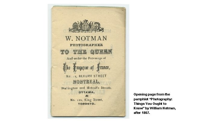 Opening page from the pamphlet “Photography: Things You Ought to Know” by William Notman,