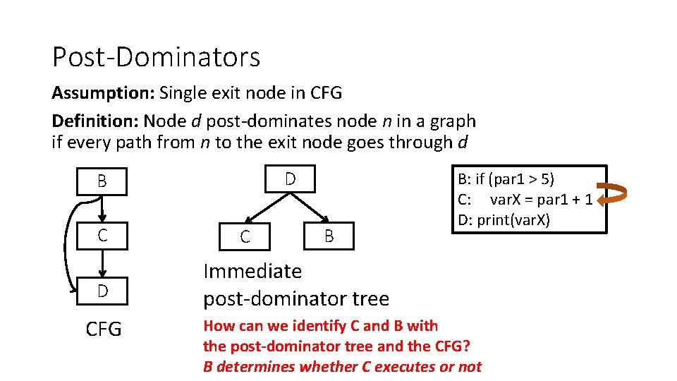 Post-Dominators Assumption: Single exit node in CFG Definition: Node d post-dominates node n in