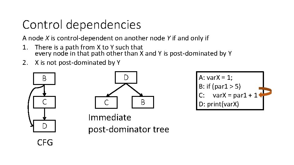 Control dependencies A node X is control-dependent on another node Y if and only
